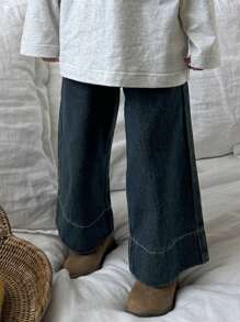 年轻女孩松紧腰口袋阔腿宽松休闲牛仔裤 - 藍色 - 查看 2