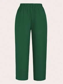 Calvaya Plus Size Women's Solid Color Pleated Straight Loose Casual Office Pants - Dark Green - View 2