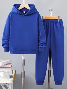 SHEIN Tween-Jungen Einfarbiges Set aus Hoodie und Hose, modischer Lässig stil, Kapuzendesign, bequem und atmungsaktiv - Blau - Übersicht 1