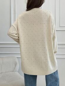EURMUSE Woman Elegant Button Knitting Detailed Long Winter Cardigan - Beige - View 2