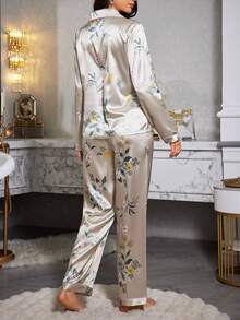 花卉印花仿丝睡衣套装（有领、长袖和长裤） - 彩色 - 查看 2