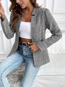 SHEIN LUNE Women's Classic Houndstooth Pattern Long Sleeve Open Front Casual Retro Jacket, Spring/Autumn Fall Cloth For Women