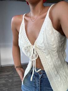 Chiquease Women's V-Neck Front Tie Camisole Knit Top, Spring Summer - Beige - View 4