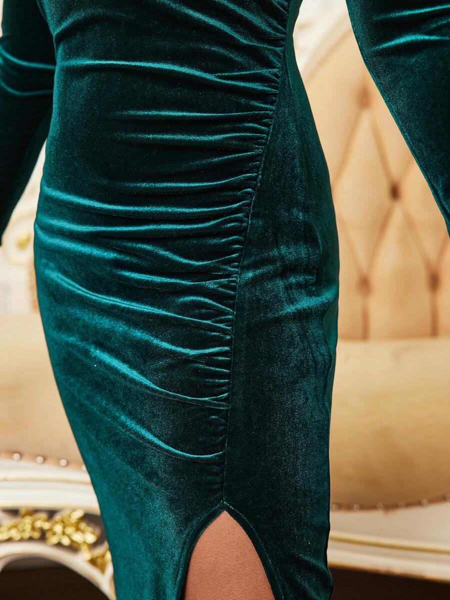 Tween Girl Christmas Elegant Classic Dark Green Velvet Fitted Split Hem