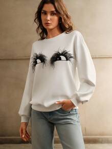 Anewsta Loose Fit Feather Eye Print Pullover Sweatshirt For Women Fall - White - View 7