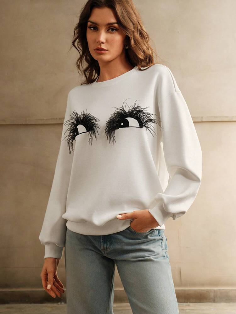 Loose Fit Feather Eye Print Pullover Sweatshirt For Women Fall