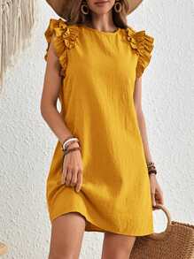 EMERY ROSE Vacation Woven Solid Ruffle Trim Fitted Mini Dress For Women - Yellow - View 5