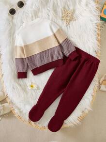 2 件装男婴多色拼布休闲时尚可爱柔软舒适简约温暖撞色针织毛衣套装长袖毛衣配脚裤，适合日常穿着、户外穿着、派对、秋冬季