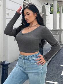 SHEIN EZwear T-shirt gris près du corps à col V et manches longues pour femmes de grande taille - Gris foncé - Voir 3