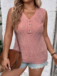 大码纯色 V 领前扣无袖针织背心 - 粉色 - 查看 4