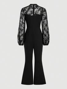 SHEIN Privé Women's Black Sexy Elegant Mesh Contrast Long Sleeve Slim Fitted Long Jumpsuit