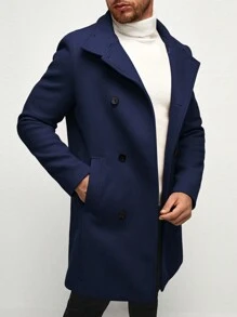 Manfinity VCAY 男士长袖素色翻领双排扣休闲大衣，秋冬季 - 藏蓝色 - 查看 4