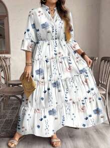 SHEIN LUNE 女式简约碎花 V 领褶饰长袖连衣裙 - 彩色 - 查看 4