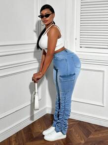 SHEIN SXY Plus Size Women's Elastic Waist Thermal Jeans With Design Details, Ankle Length Pants Thickened Denim, For Winter