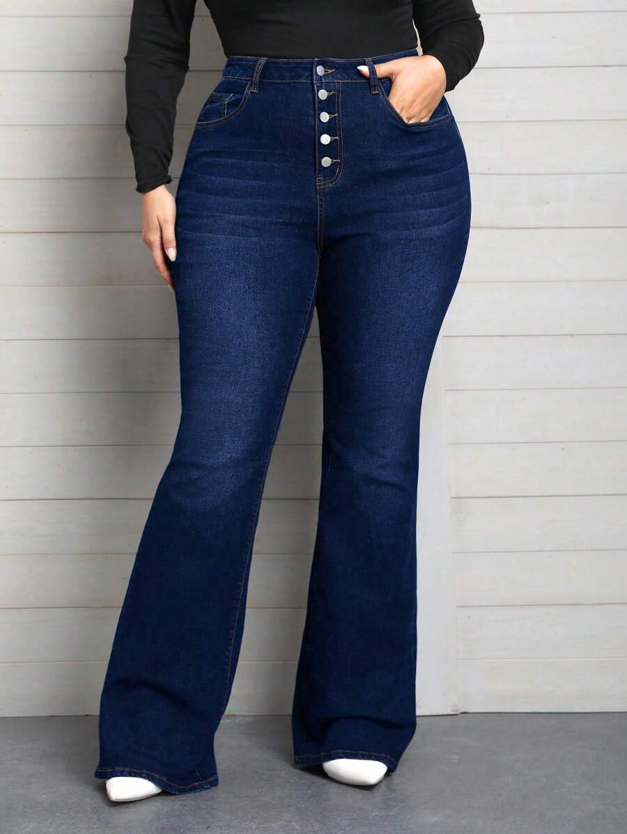 EMERY ROSE Plus Size Women's Elastic Waist Denim Skinny Flared Pants With Multiple Buttons