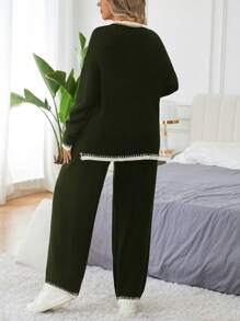 Calvaya Bộ quần áo len dài tay cổ tròn màu tương phản cỡ lớn và quần dài, mùa đông - xanh quân đội - Xem 2