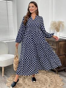 EMERY ROSE Đầm tay đèn lồng cổ chữ V họa tiết hình học xuân thu cỡ lớn cho nữ - Màu xanh hải quân - Xem 4