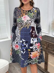 EMERY ROSE Plus Size Floral Print Long Sleeve Dress - Multicolor - View 1