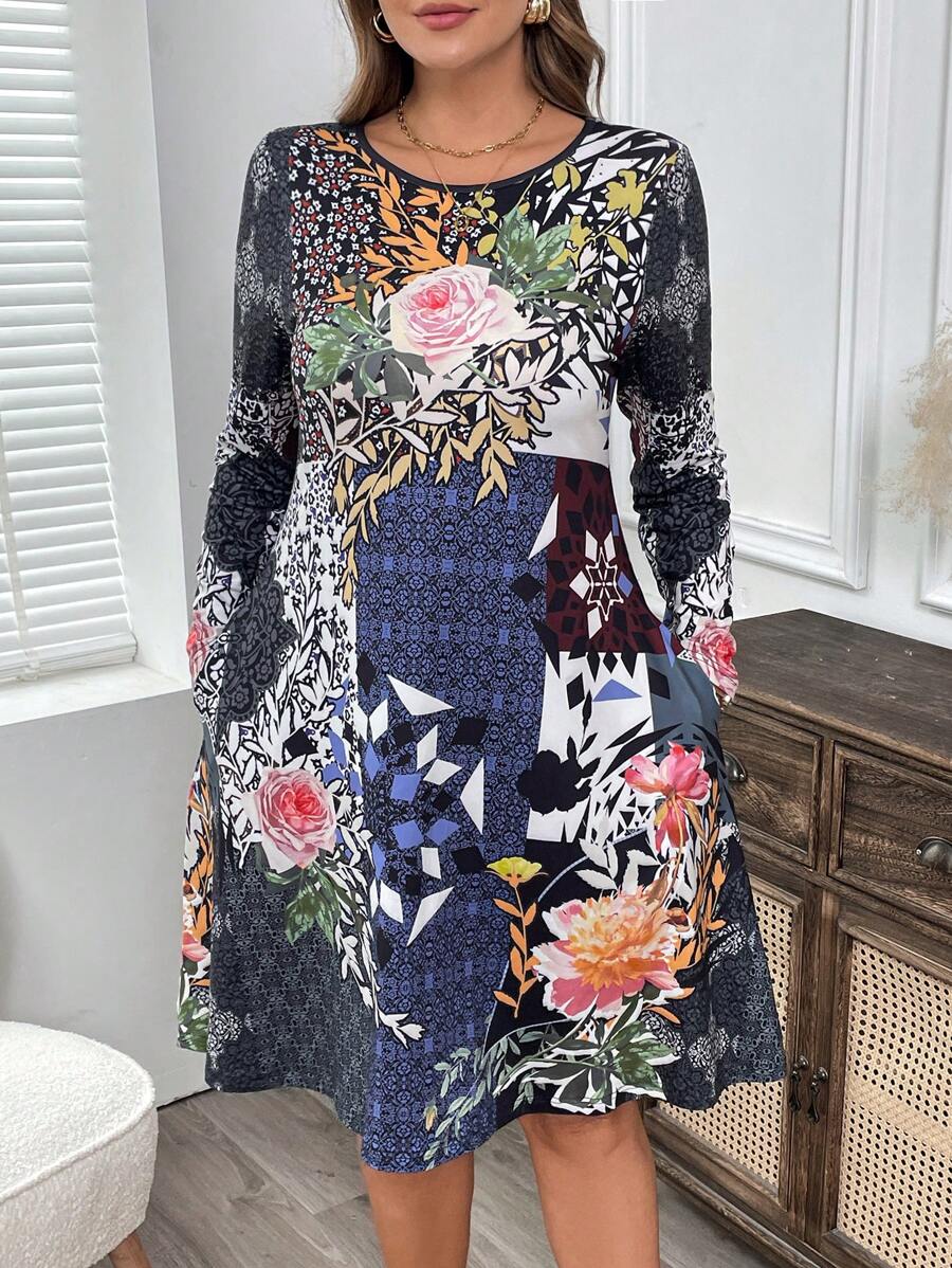 EMERY ROSE Plus Size Floral Print Long Sleeve Dress - Multicolor - View 1