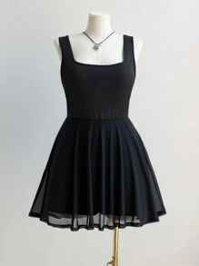 SHEIN EZwear Plus Size Women Casual Sleeveless Top, Black Square Neck, A-Line Ruffled Mesh Hem, Moisture Wicking, Quick Dry, Lightweight, Comfortable, Solid Color Jumpsuit With Pockets, Suitable For Outdoor, Yoga, Fitness