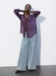 Maija 女式春夏宽松蝙蝠袖豹纹休闲衬衫 - 紫色 - 查看 4