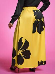 Slaydiva Plus Size Women Elastic Waist Floral Print Elegant A-Line Skirt