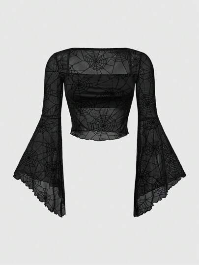 Goth Parte superior para mujer de corte slim con cuello cuadrado, manga de campana y estampado de telaraña gótica, talla grande