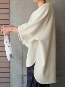 FRIFUL Women Casual Loose Solid Color T-Shirt, Autumn,Ruffle - Beige - View 6