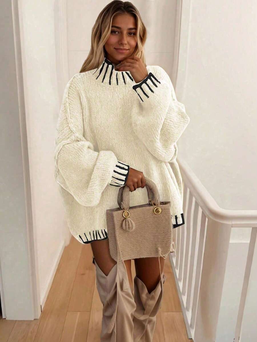 Chiquease 秋冬休闲圆领拼色条纹立领宽松针织毛衣 - 白色 - 查看 1
