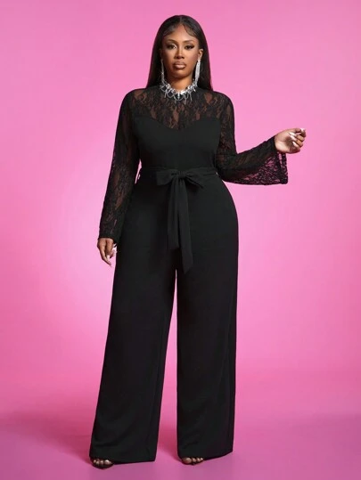 Slaydiva 优雅派对约会俱乐部性感修身纯黑色立领喇叭袖长款连体裤带网眼嵌件，加大码，春秋季