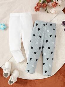 SHEIN 2pcs Baby Girl Solid Color & Heart Print Elastic Waist Ribbed Lettuce Trim Pants - Multicolor - View 1