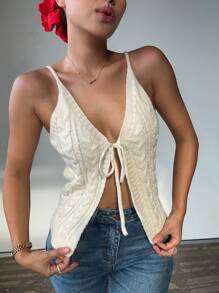 Chiquease Women's V-Neck Front Tie Camisole Knit Top, Spring Summer - Beige - View 6