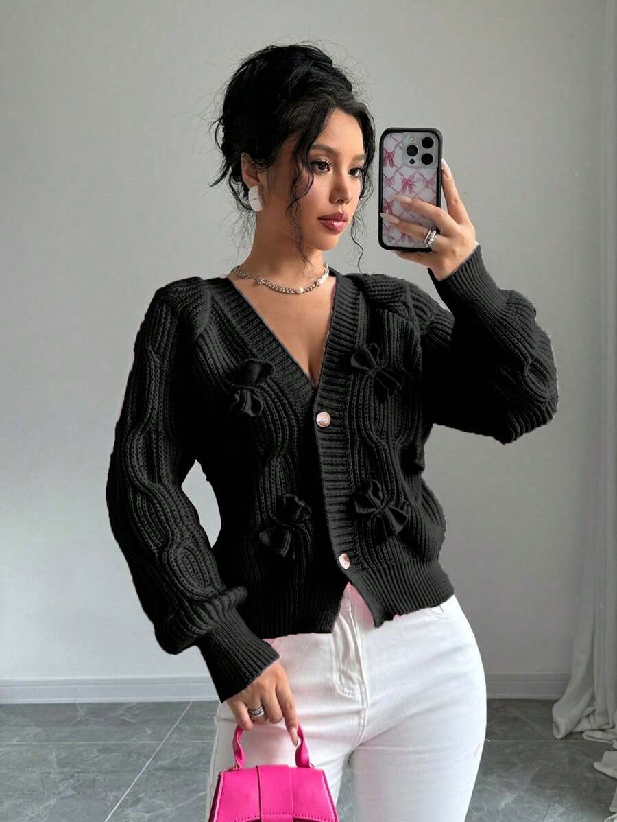 Elenzga Áo len cardigan trơn màu giản dị có nơ trang trí cho nữ, mùa thu/đông - màu đen - Xem 1