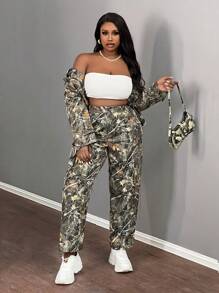 Slaydiva Pantalones holgados de carga casuales con estampado de ramas para mujeres de talla grande
