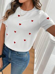 SHEIN Frenchy Áo len dệt kim tay ngắn họa tiết trái tim thường ngày cho nữ, mùa hè - trắng - Xem 6