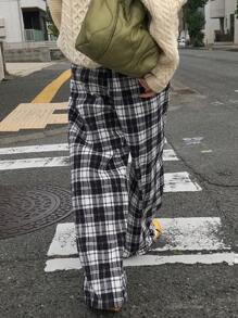 FRIFUL Women's Casual Check Print Draw String Waist Loose Pants, Autumn Plaid - Multicolor - View 6