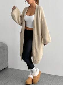 Flirla Cárdigan casual suelto de manga larga con hombros caídos y bolsillos de unicolor para mujer, otoño e invierno