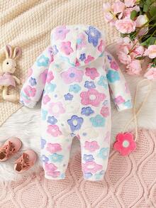 SHEIN 女婴花卉提花羊毛连体衣，秋冬 - 白色 - 查看 2