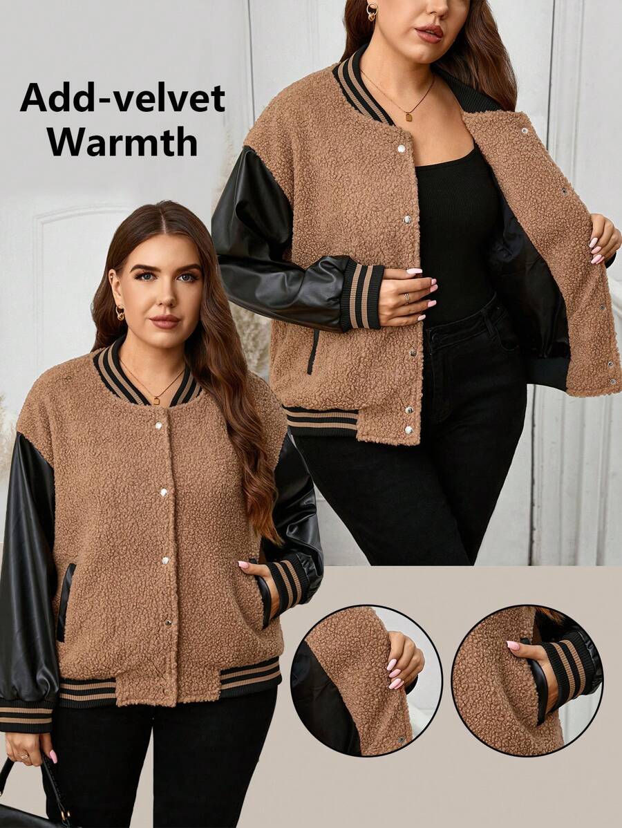 SHEIN LUNE Plus Size Women's Fashion Autumn/Winter Contrast Color Design Drop Shoulder Long Sleeve Casual Loose Baseball Jacket Warm And Comfortable Halloween Thanksgiving Outfit,Stylish Everyday Wear,Essentials,Super Warm And Soft!Casual Everyday Wear Teddy Velvet Striped Design Long Sleeve Contrast Color Baseball Collar Jacket Holiday Outfit