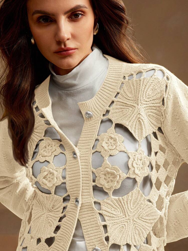 Women's Spring And Autumn Long Sleeve Double Layer Handmade Crochet Hollow Floral Knitted Cardigan