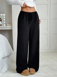 SHEIN EZwear Quần nỉ ống đứng rộng rãi màu trơn buộc eo cho nữ - màu đen - Xem 8