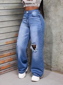 SHEIN Slayr Autumn Casual Distressed High Waist Wide Leg Jeans