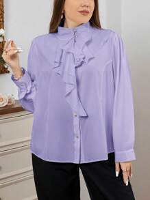 Firerie Camisa elegante para oficina con dobladillo asimétrico con volantes para tallas grandes