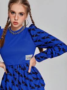 SHEIN 2 件套青少年女孩字母和几何印花长袖上衣和裤子休闲装，春/秋 - 藍色 - 查看 6