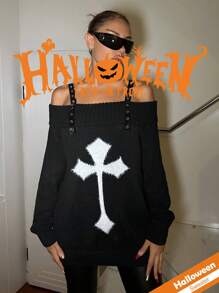 SHEIN ICON Halloween Cross Pattern Casual Oversized Long Sleeve Sweater With Thick Straps Outfits, Women Clothes
