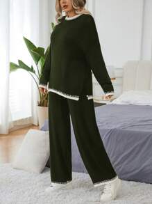 Calvaya Bộ quần áo len dài tay cổ tròn màu tương phản cỡ lớn và quần dài, mùa đông - xanh quân đội - Xem 6