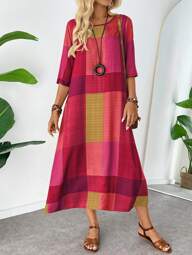 EMERY ROSE Color Block Patchwork Print 3/4 Sleeve Loose Casual Dress For Women Maxi Women Outfit