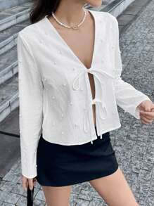 Chiquease （100% 纯棉）纯色串珠领带休闲普通肩衬衫，假日纯色编织宽松常规喇叭袖衬衫女士 - 白色 - 查看 1