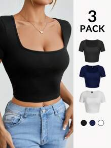 SHEIN PETITE 3pcs/Set Women Summer Casual Square Neck Short Sleeve Slim Fit T-Shirts, Simple Black White Grey Design