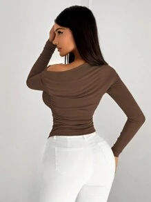 SHEIN SXY 极简主义镂空不对称单肩长袖 T 恤，适合办公室通勤 - 巧克力棕 - 查看 2